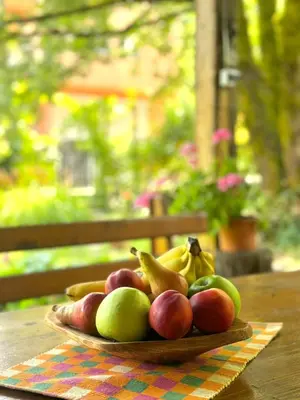 a plate of fruit sitting on a table at Artistic Garden House in Cetinje