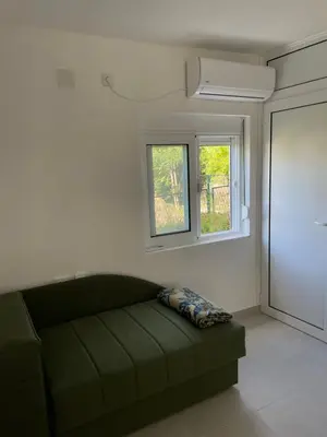 a living room with a green couch and two windows at Grapefruit Home Apartment Ulcinj Montenegro in Donji Štoj