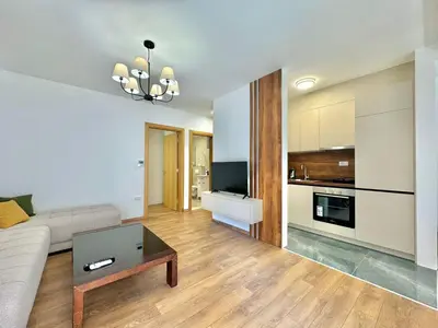 a living room with a couch and a table at One bedroom Apartment 777 in Budva