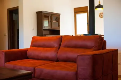 a brown leather couch in a living room at Happy birds apartment in Virpazar