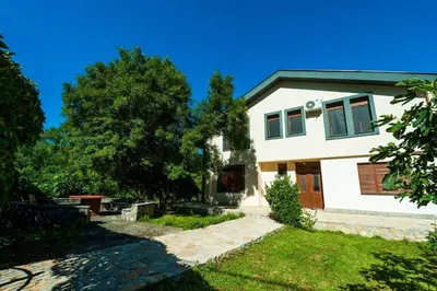 a white house with trees in front of it at Happy birds apartment in Virpazar