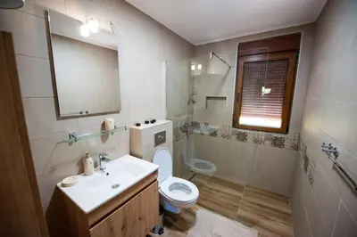 a bathroom with a toilet and a sink and a mirror at Happy birds apartment in Virpazar
