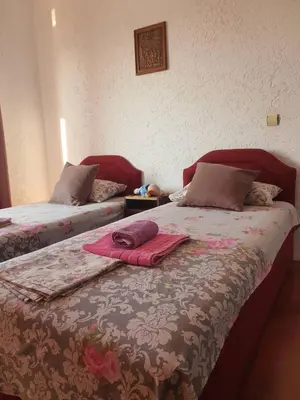 a bedroom with two beds with blankets on them at Villa Grafenberg Ulcinj in Ulcinj