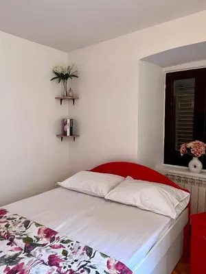 a bed with a red headboard in a bedroom at Apartment Sofija in Kotor