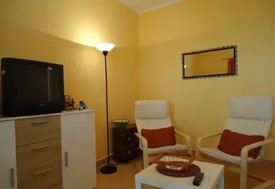 a living room with two chairs and a flat screen tv at Iva Guest House in Sutomore