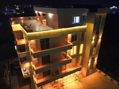 an overhead view of a building at night at Amber Lux Apartments in Ulcinj