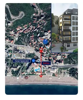 a map of the approximate location of the hotel samibel at New apartment beach 240m Becici in Becici