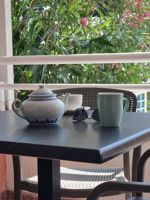 a table with a tea pot and a cup on it at Petrovac modern apartment in Petrovac na Moru