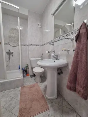 a bathroom with a sink and a toilet and a shower at Petrovac modern apartment in Petrovac na Moru
