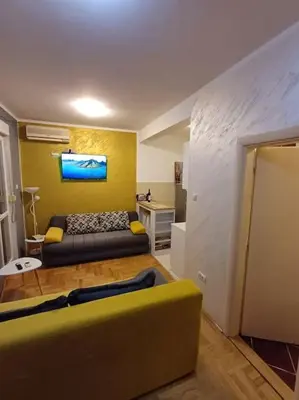 a living room with a couch and a table at Apartman Manja Petrovac in Petrovac na Moru