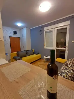a living room with a bottle of wine on a table at Apartman Manja Petrovac in Petrovac na Moru