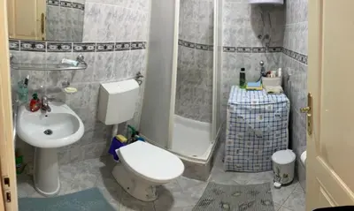 a bathroom with a toilet and a shower and a sink at PePa in Petrovac na Moru