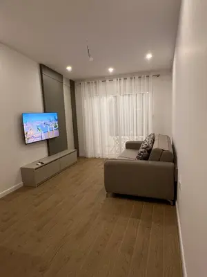 a living room with a couch and a flat screen tv at Sunny apartments in Ulcinj
