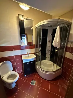 a bathroom with a shower and a toilet and a sink at Stellax Apartment in Donji Štoj