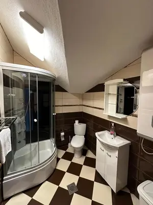 a bathroom with a shower toilet and a sink at Stellax Apartment in Donji Štoj