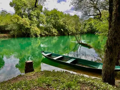 a green boat sitting in the middle of a river at Zeta River Glamping in Danilovgrad