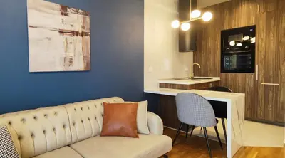 a living room with a couch and a table and a kitchen at Elegant Apartment with Urban Charm in Podgorica
