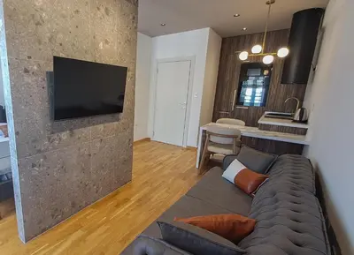 a living room with a couch and a television on a wall at Design Apartment with Panoramic Views in Podgorica