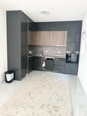 a kitchen with gray cabinets and a rug at L U X V I L A, Dobre Vode in Dobra Voda