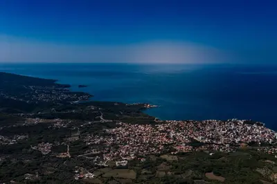 an aerial view of a city and the ocean at Green Hills Villa in Bar