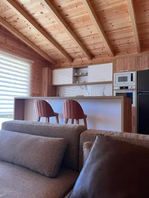 a living room with a couch and two chairs in a kitchen at Gold fish3 in Ulcinj