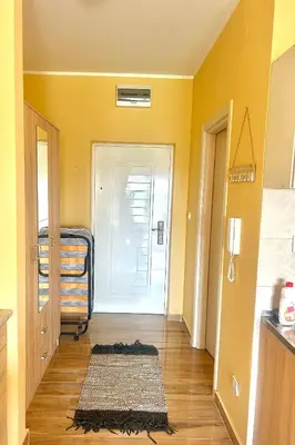 a hallway with yellow walls and a door with a rug at Charming studio in Podgorica
