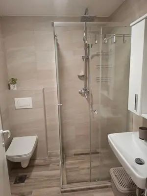 a bathroom with a shower and a toilet and a sink at Amelia in Radanovići