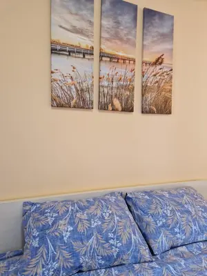 four paintings on a wall above a couch at Modern comfort free parking in Budva