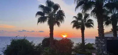 a sunset with palm trees in front of the ocean at Aurora Spa in Kunje