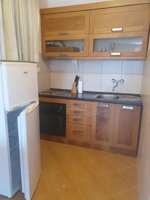 a kitchen with a white refrigerator and a sink at Aurora Spa in Kunje