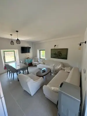 a living room with white couches and a tv at Happy Holiday House Hava in Ravanj