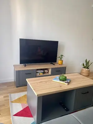 a living room with a flat screen tv on a entertainment center at Montenegro Suite Rental in Bar