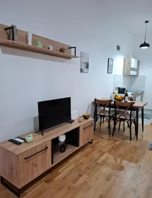 a living room with a flat screen tv on a wooden cabinet at Apartman One in Budva