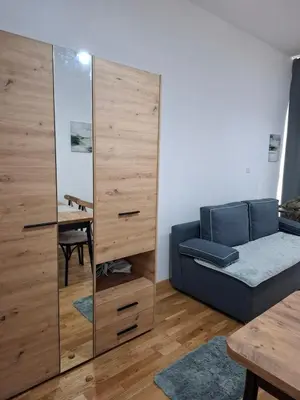 a living room with a couch and a mirror at Apartman One in Budva