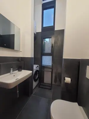 a bathroom with a sink and a washing machine at modernes Holzhaus, Cabin, auf dem Fluss, wenige Meter zum Meer in Ulcinj