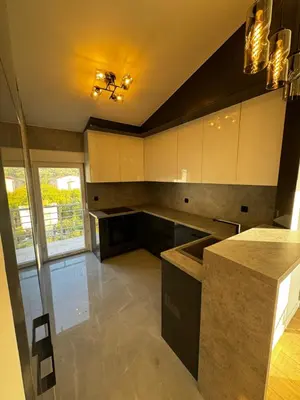 a large kitchen with black appliances and a large window at Čobrenović Penthouse in Bar