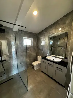 a bathroom with a shower and a sink and a toilet at Čobrenović Penthouse in Bar
