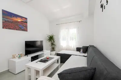 a living room with a couch and a tv at Apartmani Vesna in Radanovići