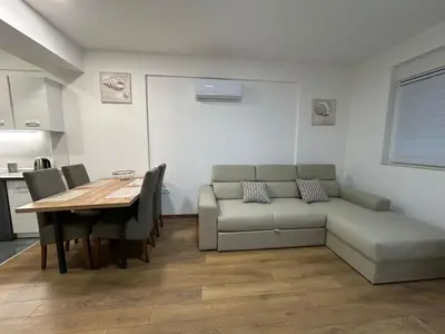 a living room with a couch and a table at Appartement entièrement équipé neuf Budva - Appart 8 in Budva