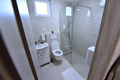 a bathroom with a shower and a toilet and a sink at Airport Apartments TRI HRASTA in Podgorica