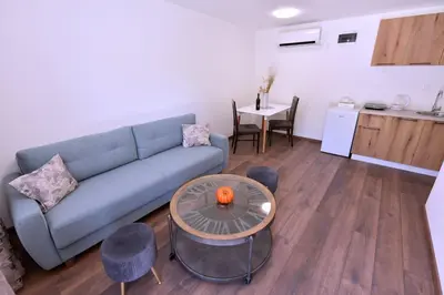 a living room with a couch and a table at Airport Apartments TRI HRASTA in Podgorica