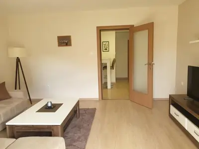 a living room with a couch and a tv at Apartment 081 City Center in Podgorica