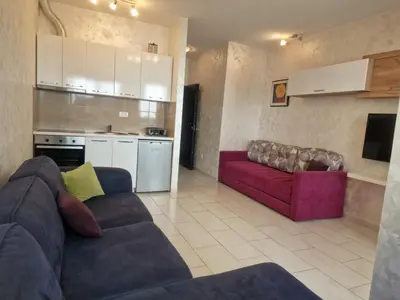 a living room with a couch and a kitchen at Studio Apartment Ljilja in Budva