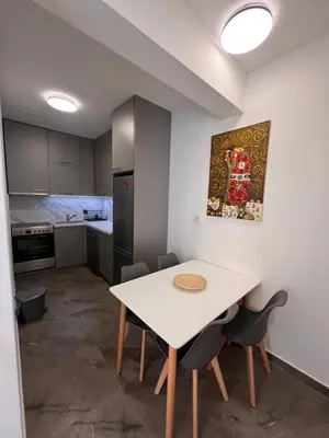 a kitchen with a table and chairs in a room at Spring Apartment in Podgorica