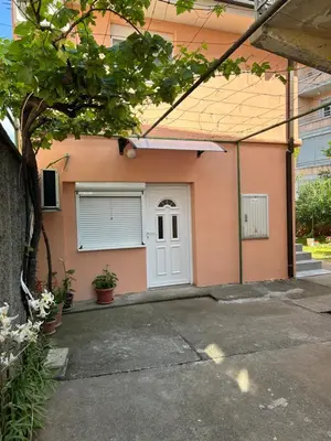 a pink house with a white door and a tree at Prestige 4 in Podgorica