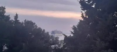 a large cruise ship on the water with trees at Šušanj dvokrevetna soba in Bar, Susanj