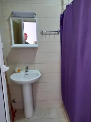 a bathroom with a sink and a purple shower curtain at Villa MARINA CANJ 2 in Čanj
