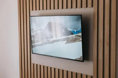a television on a wall with a picture of a mountain at Apartments Podgorička Vila in Podgorica