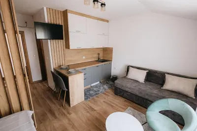 a small living room with a couch and a table at Apartments Podgorička Vila in Podgorica