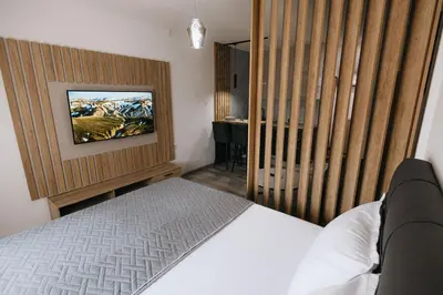a bedroom with a bed and a television on the wall at Apartments Podgorička Vila in Podgorica